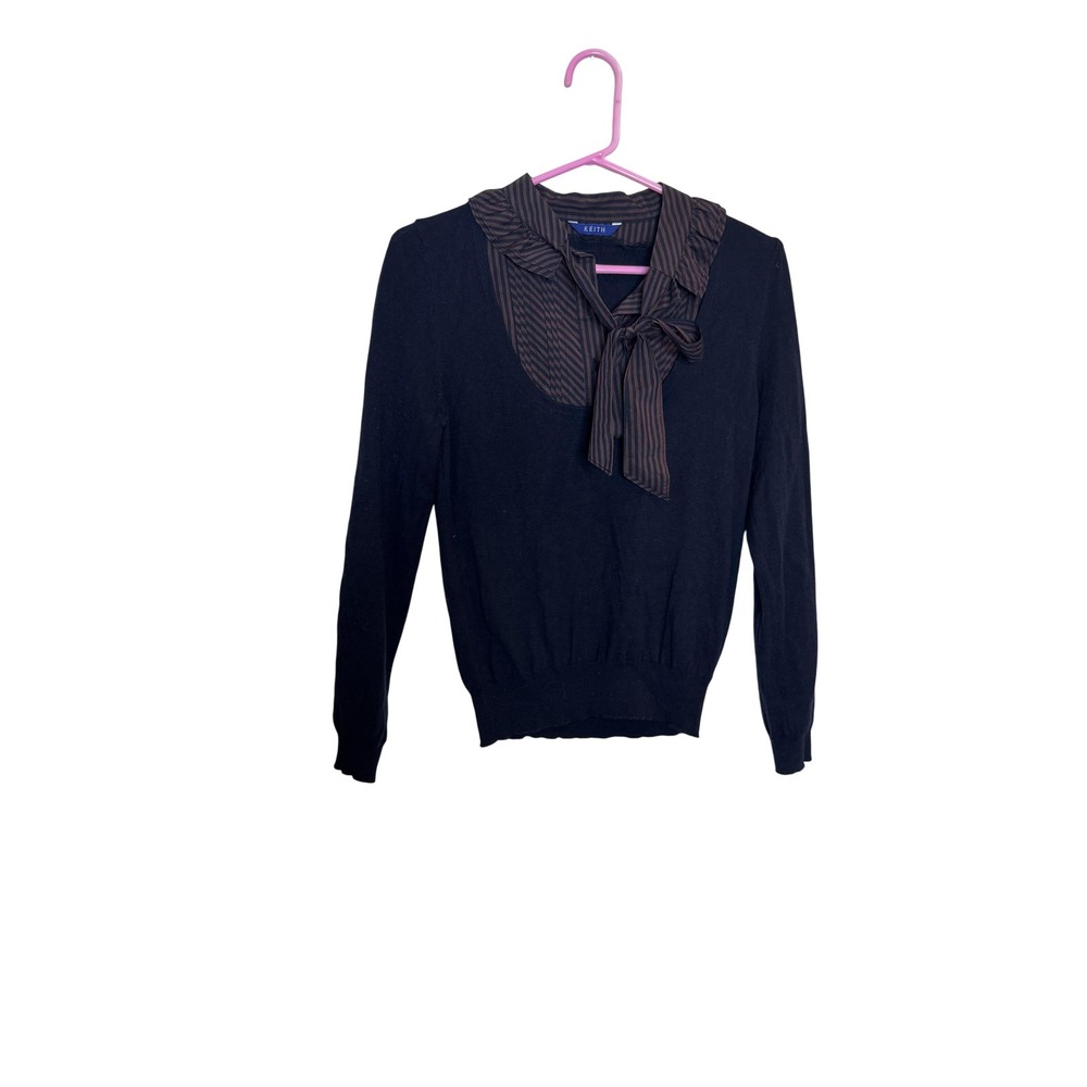 KEITH Sweater Womens Small Black 100% Wool Striped Tie Neck Bow Pullover Knit‎
